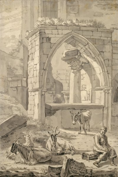 Herder met geiten en een ezel voor de ruïnes, 1693 door Willem Romeyn